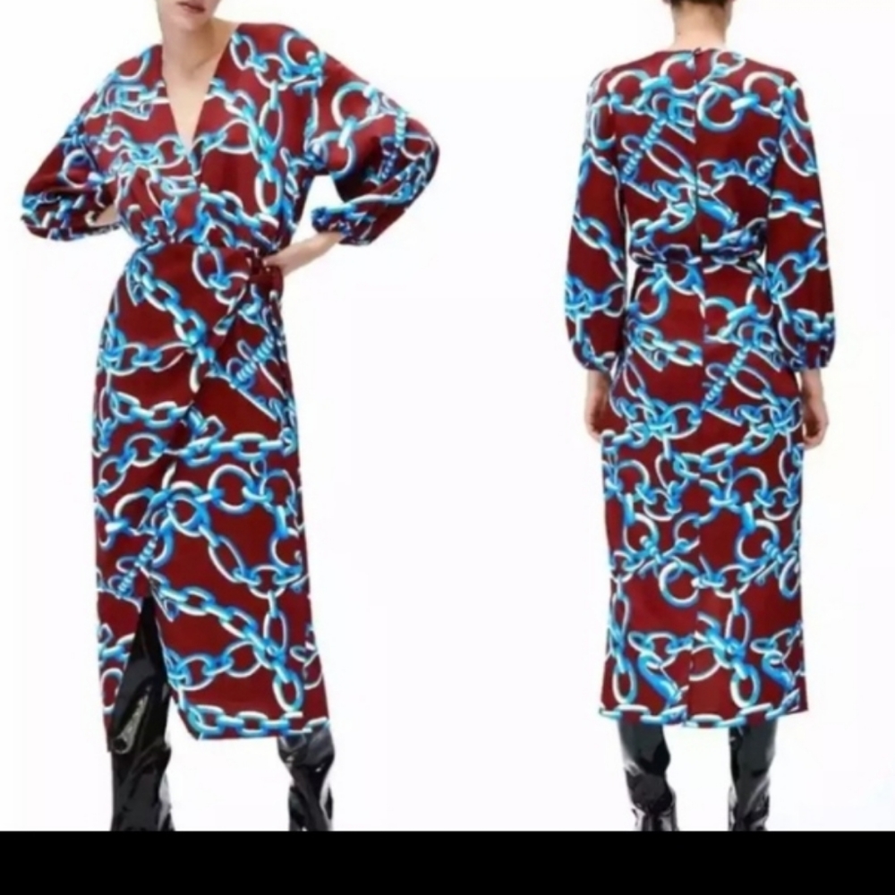 ZARA MULTICOLOURED CHAIN PRINT MIDI DRESS WITH KNOT DETAIL
